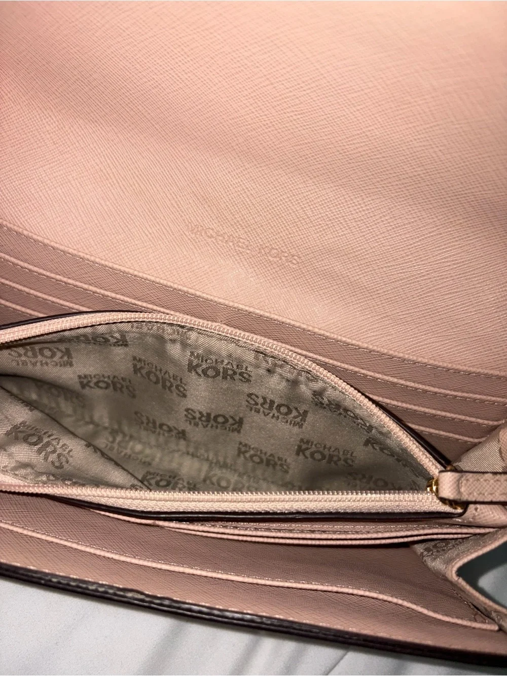 Michael Kors Pink Saffiano Trifold Wallet with Gold Logo